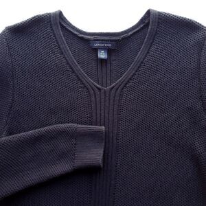 Lands End 100% Cotton Tunic Sweater Womens M Black V Neck Textured Pullover